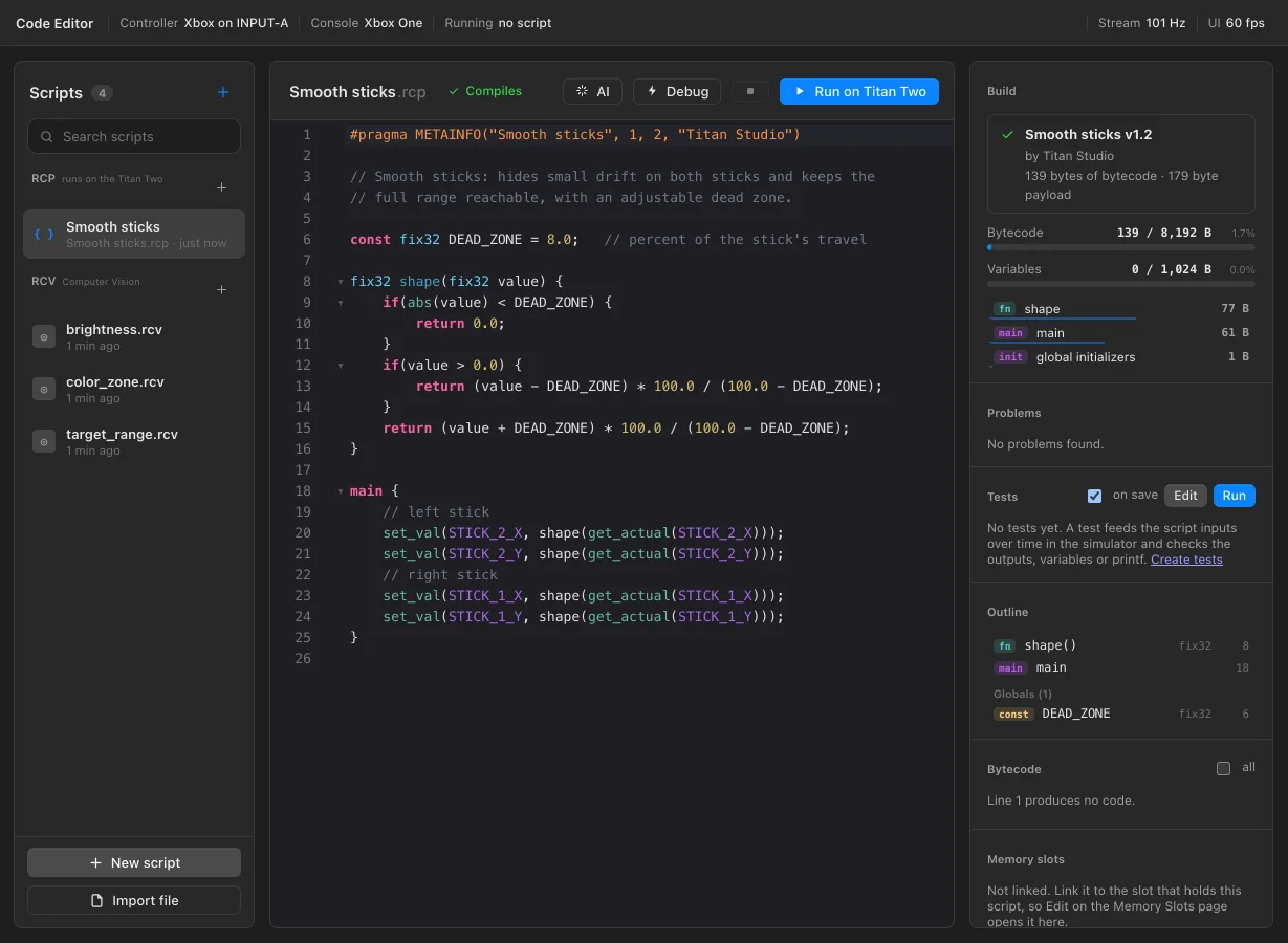 The Code Editor: a stick smoothing script with its build summary, outline and tests