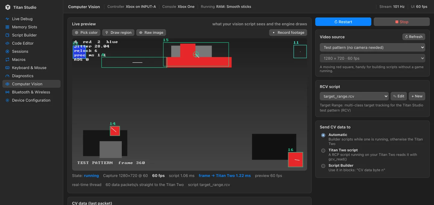 Computer Vision in Titan Studio: a vision script tracking several targets on the built-in test pattern at 60 frames a second