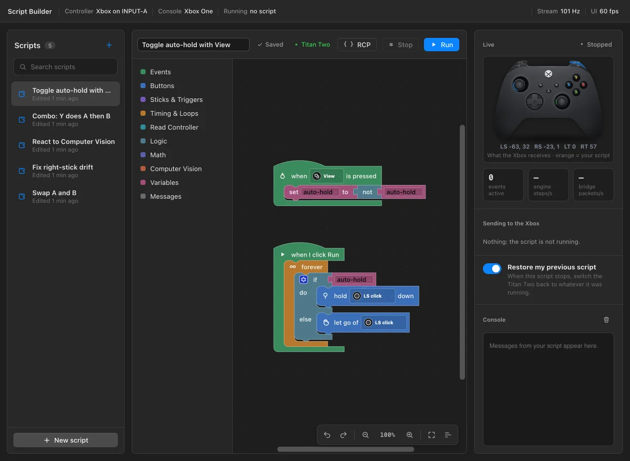 The Script Builder: a toggle script made from blocks, with a live controller preview